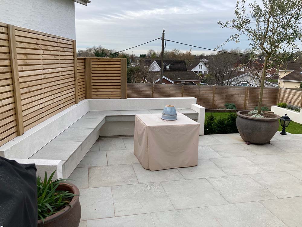 porcelain patio with bespoke seating | Landscaping Monmouthshire