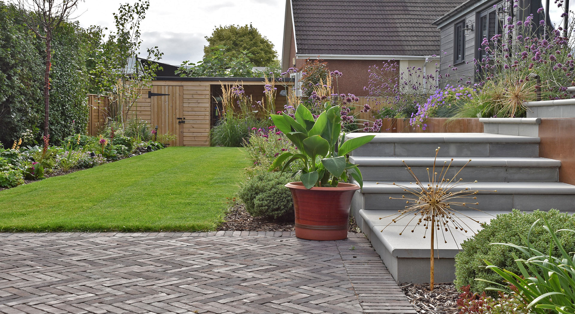 Clay pavers and lawn - Garden design and Landscaping in Abergavenny